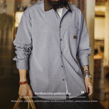 Férfi corduroy patchwork ing-jakett, hosszú ujjú, szürke, vékony, tavaszi-őszi viselet
