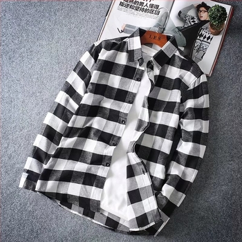 Férfi kockás hosszú ujjú ing, koreai stílus, slim fit, hétköznapi viselet