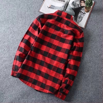 Férfi kockás hosszú ujjú ing, koreai stílus, slim fit, hétköznapi viselet