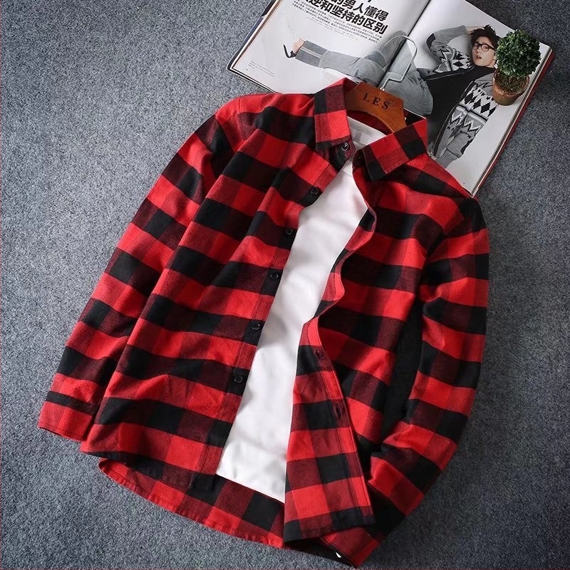 Férfi kockás hosszú ujjú ing, koreai stílus, slim fit, hétköznapi viselet