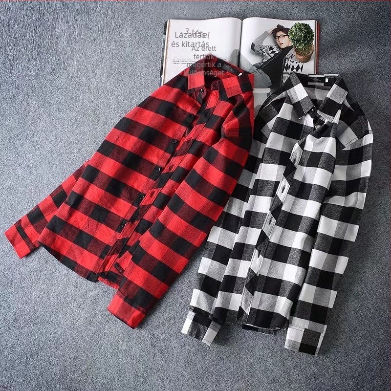 Férfi kockás hosszú ujjú ing, koreai stílus, slim fit, hétköznapi viselet