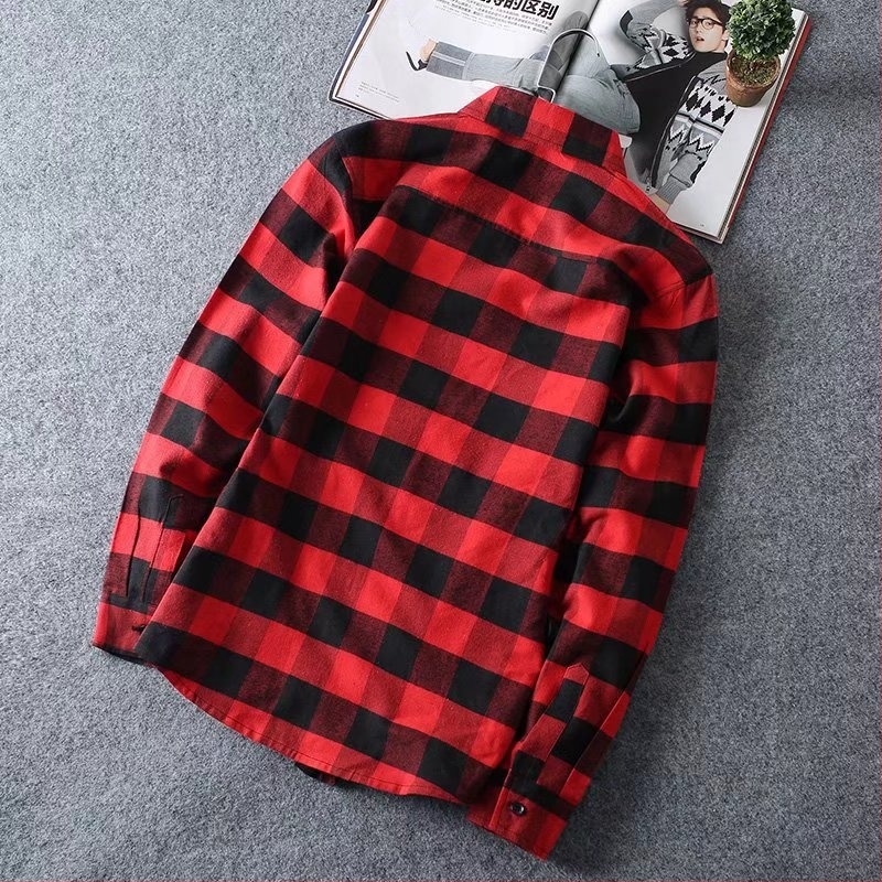Férfi kockás hosszú ujjú ing, koreai stílus, slim fit, hétköznapi viselet