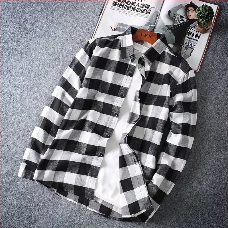 Férfi kockás hosszú ujjú ing, koreai stílus, slim fit, hétköznapi viselet