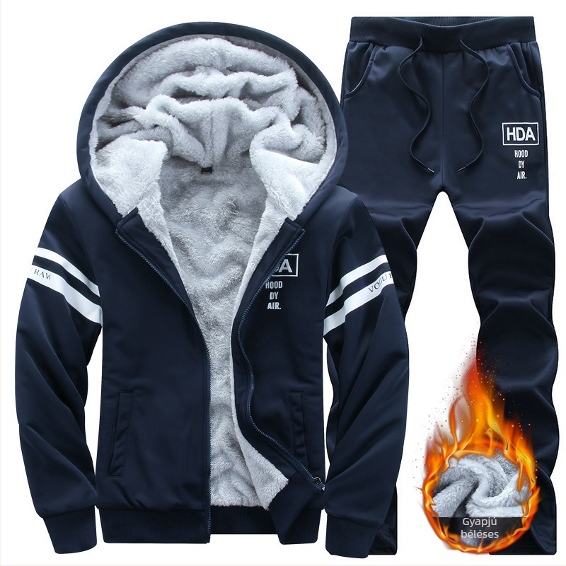 Férfi téli fleece-bevonatú kapucnis pulóver szett, kardigán dzseki, mindennapi sport