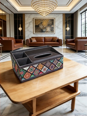 Boho stílusú bőr zsebkendő-doboz a nappaliba, vintage dekoratív tároló