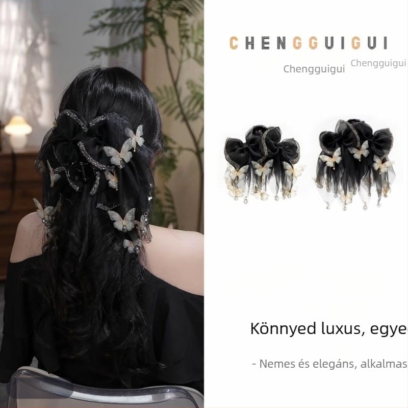 Fekete hálós hajtű köves masnival, elegáns és ragyogó női hajkiegészítő