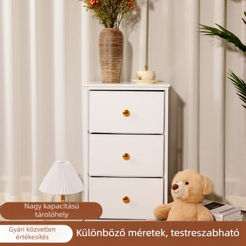 Személyre szabott textil tároló szekrény, padlón álló, több rétegű, multifunkcionális tároló, letisztult éjjeliszekrény