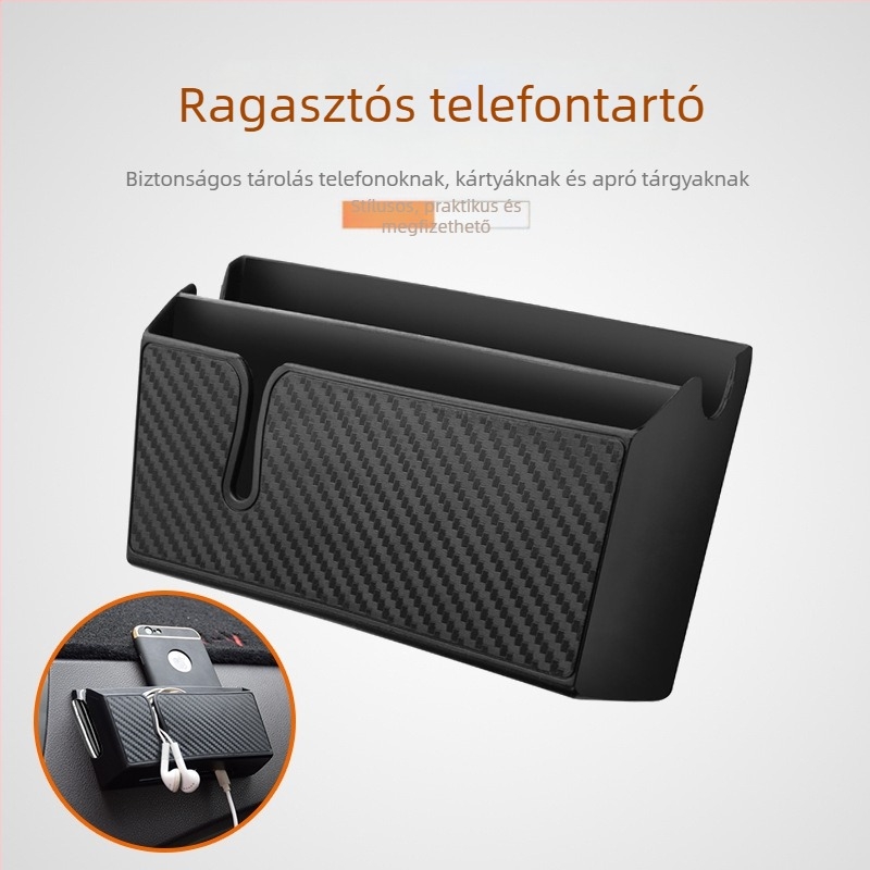 Szénszálas mintás autó tárolódoboz, újrahasználható, mosható ragasztó alapú központi konzol telefon-tartóval
