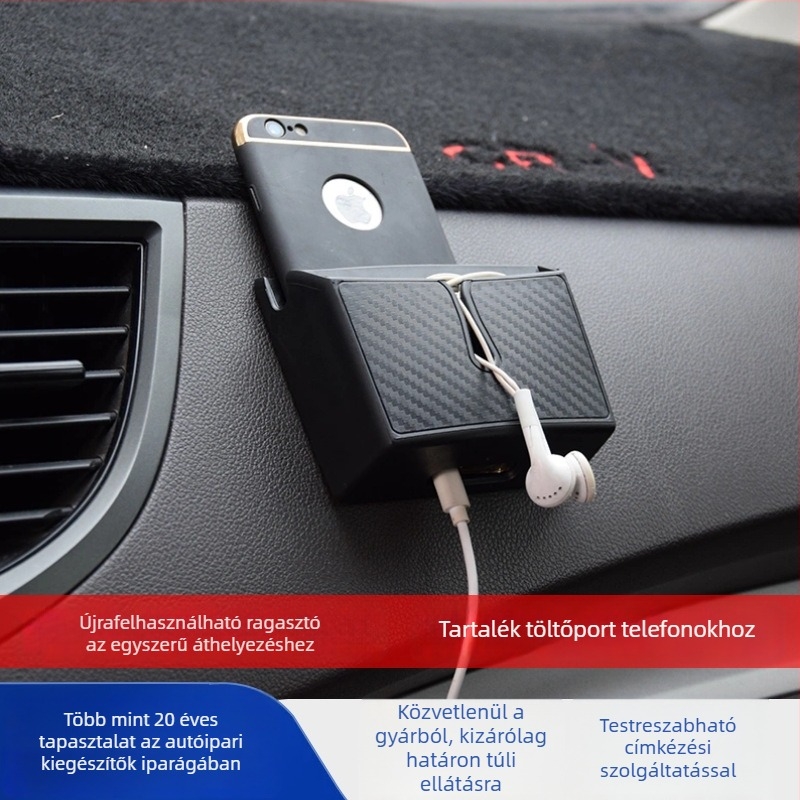 Szénszálas mintás autó tárolódoboz, újrahasználható, mosható ragasztó alapú központi konzol telefon-tartóval