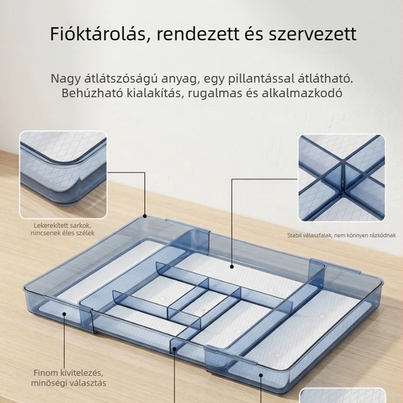 Átlátszó, kihúzható evőeszköztálca konyhai fiókokhoz és szekrényekhez