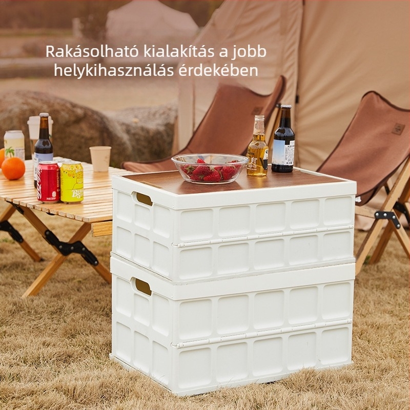 Összecsukható kemping tároló doboz fa fedéllel, hordozható piknik szervező az autó csomagtartójához