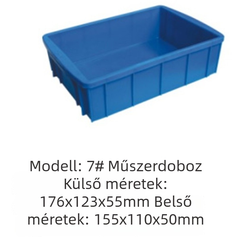 HDPE megerősített műszeres doboz, műanyag szerszámtartó, szabvány méret, belső 155×110×50 mm, külső 176×123×55 mm, nagy szilárdság, injektálásos formázás, logóval