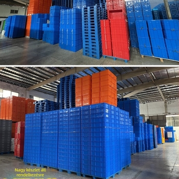HDPE műanyag téglalap alakú tároló doboz vastag falakkal, belső méretek 450×320×240 mm, külső 510×352×250 mm, teherbírás 40 kg