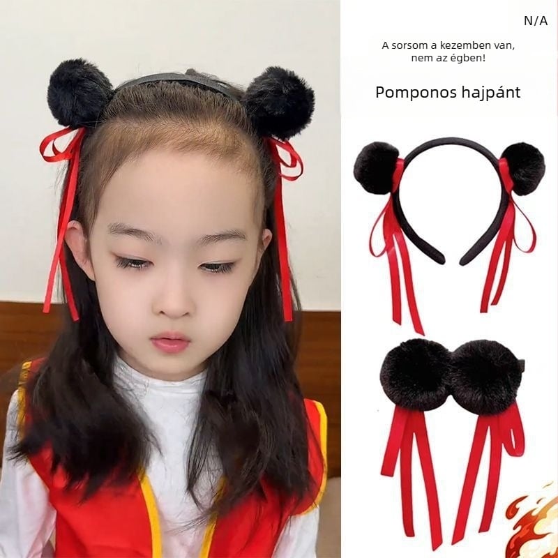 Gyerekeknek szóló Nezha cosplay hajdísz – gömbös pomponos hajdísz piros szalaggal, fejpánt és hajcsat