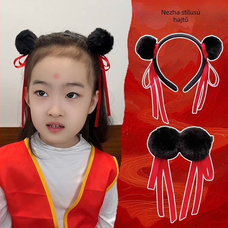 Gyerekeknek szóló Nezha cosplay hajdísz – gömbös pomponos hajdísz piros szalaggal, fejpánt és hajcsat