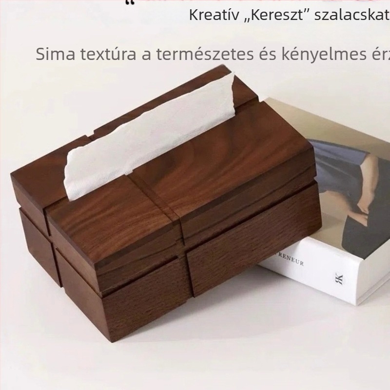 Diófából készült papírzsebkendő doboz nappalira — kereszt alakú tartó, tömörfa kivitel, asztalra és irodába