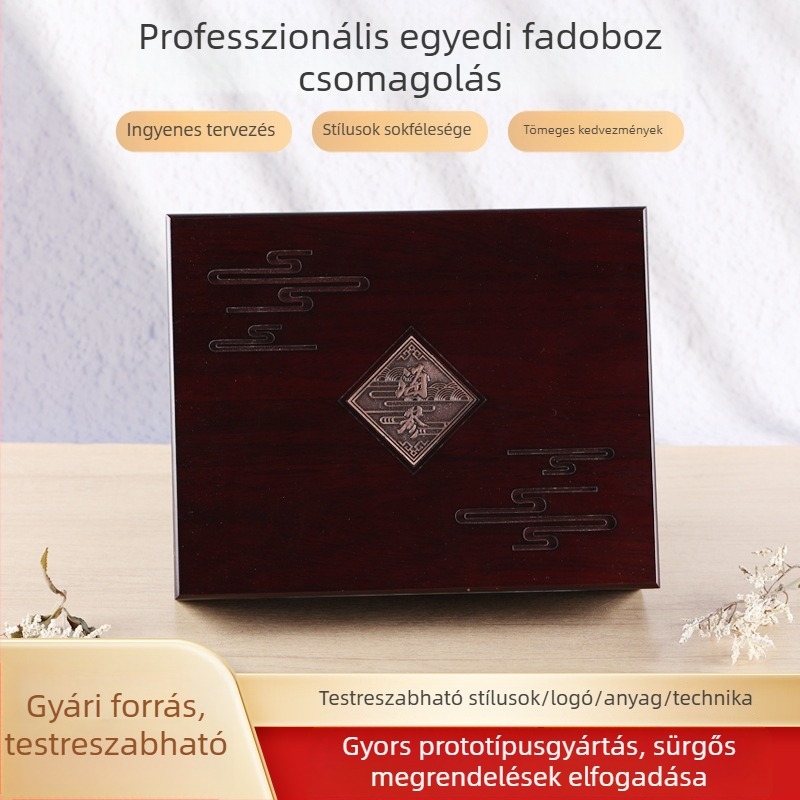 Fa ajándékdoboz tárcákhoz és övekhez, gravírozott belsővel, selyem bélés, személyre szabható bőr csomagolás