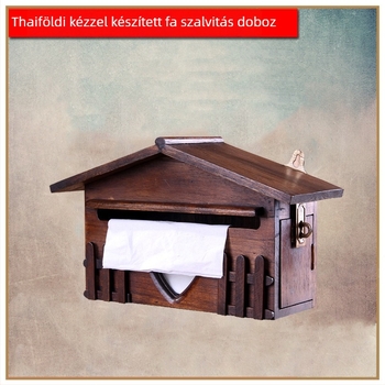 Fából készült kunyhó alakú papírzsepi tartó, falra szerelhető, thai stílusú kézműves retro otthoni dekoráció