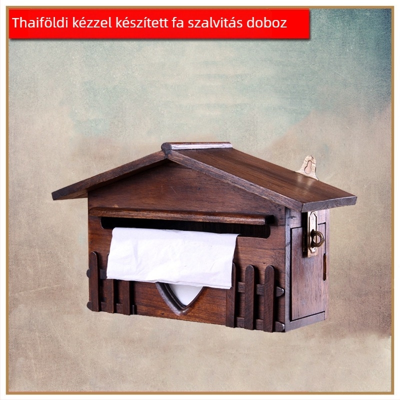 Fából készült kunyhó alakú papírzsepi tartó, falra szerelhető, thai stílusú kézműves retro otthoni dekoráció