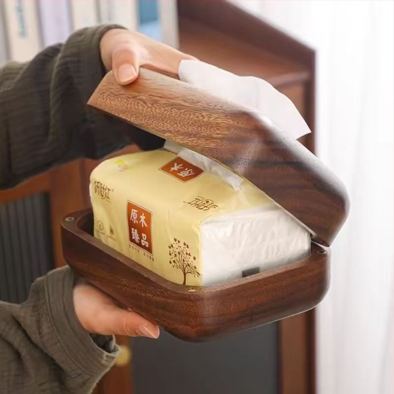 Tömör diófából készült asztali zsebkendő-doboz, modern minimalist design, többfunkciós.