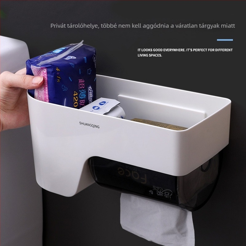 Fali WC-papírtartó és papírtartó doboz, vízálló, furatmentes rögzítés, egyszerű minimalistikus dizájn, átlátszó műanyag