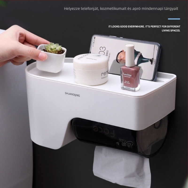 Fali WC-papírtartó és papírtartó doboz, vízálló, furatmentes rögzítés, egyszerű minimalistikus dizájn, átlátszó műanyag