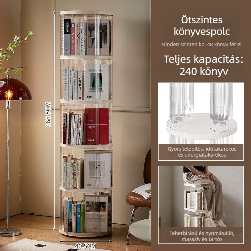 Gyerekeknek készült könyvespolc és játékok tárolója, padlón álló öt szintes forgó tároló