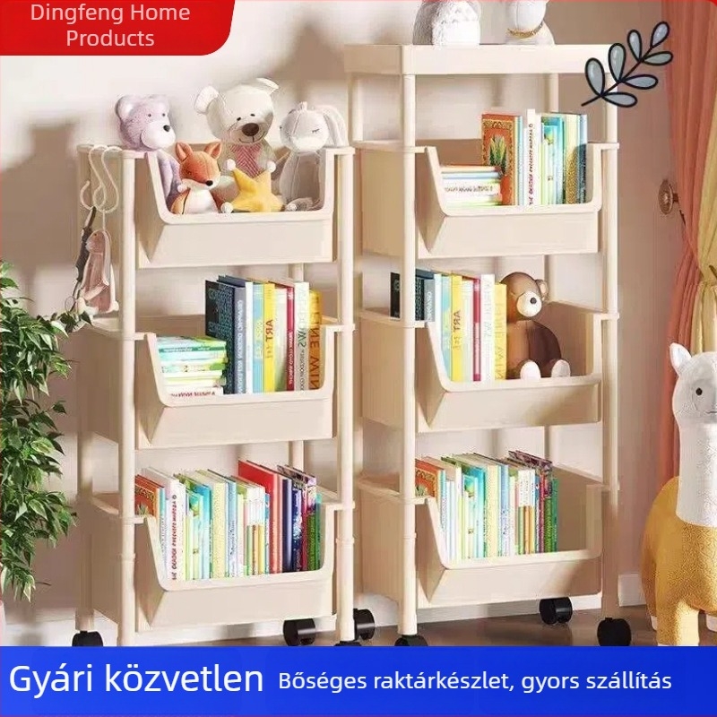Ötszintes mozgó tároló állvány görgőkkel – műanyag könyvespolc otthoni tároláshoz