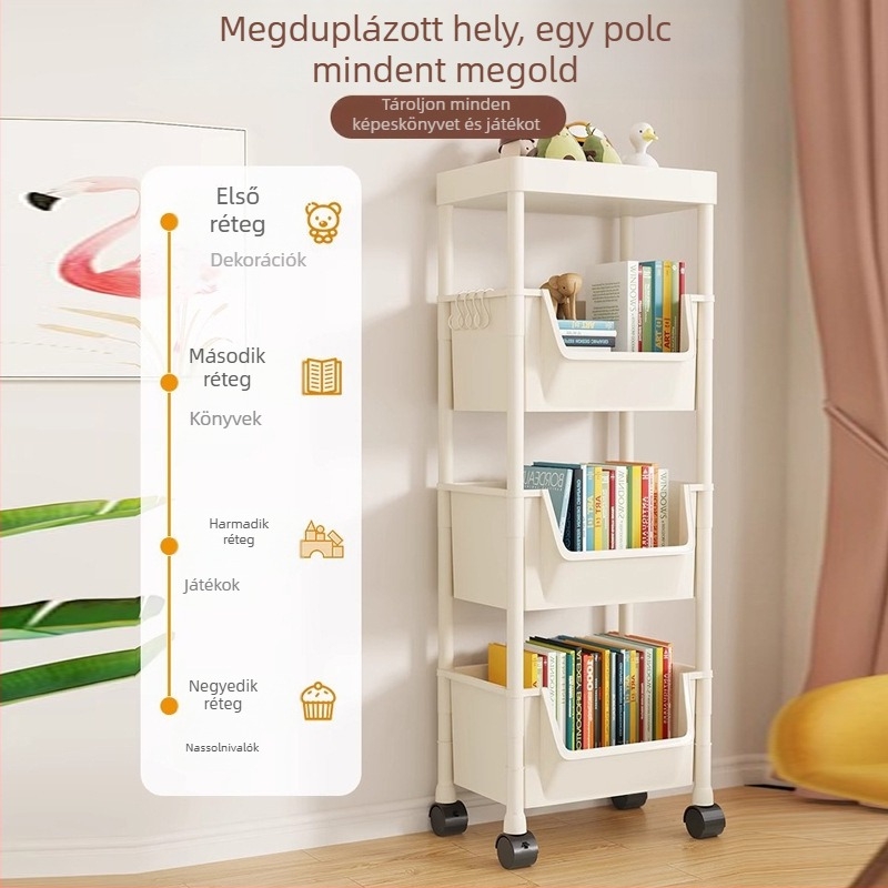 Ötszintes mozgó tároló állvány görgőkkel – műanyag könyvespolc otthoni tároláshoz
