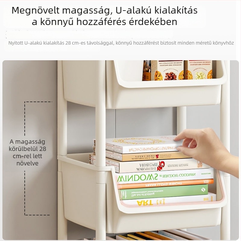 Ötszintes mozgó tároló állvány görgőkkel – műanyag könyvespolc otthoni tároláshoz