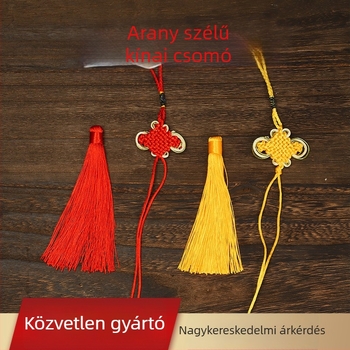 Réz kínai csomó füzér aranyszegéllyel, piros és sárga – kézműves díszítő kiegészítők