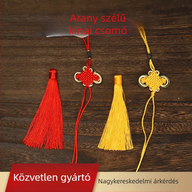 Réz kínai csomó füzér aranyszegéllyel, piros és sárga – kézműves díszítő kiegészítők