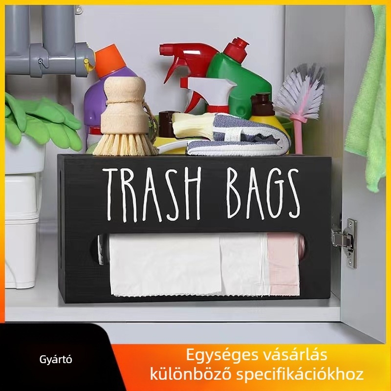 Fából készült asztali zsebkendő- és szemeteszsák rendező, kihúzható rekesszel