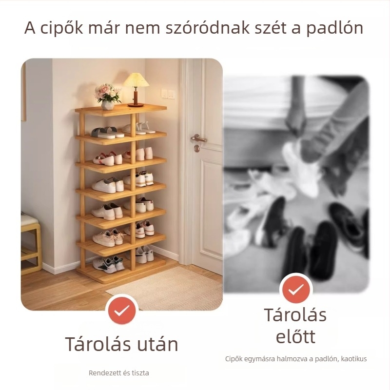 Fa anyagú, többpolcos cipősszekrény előszobába, keskeny ajtóval, otthonra vagy kollégiumba
