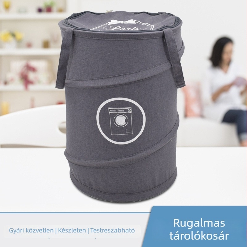 Textil ruhaszennyes kosár kanvasból, elasztikus hengeralakú kialakítással, összecsukható, kör alakú ruhatartó