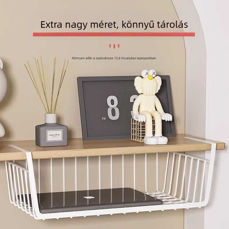 Rozsdamentes acélból készült asztal alatti tároló, ruhásszekrény elválasztóval és az ágy melletti uzsonnás kosárral