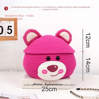 Strawberry Bear porvédett tárolókosár fedővel – kézzel szövött pamutszálból készült asztali rendszerező