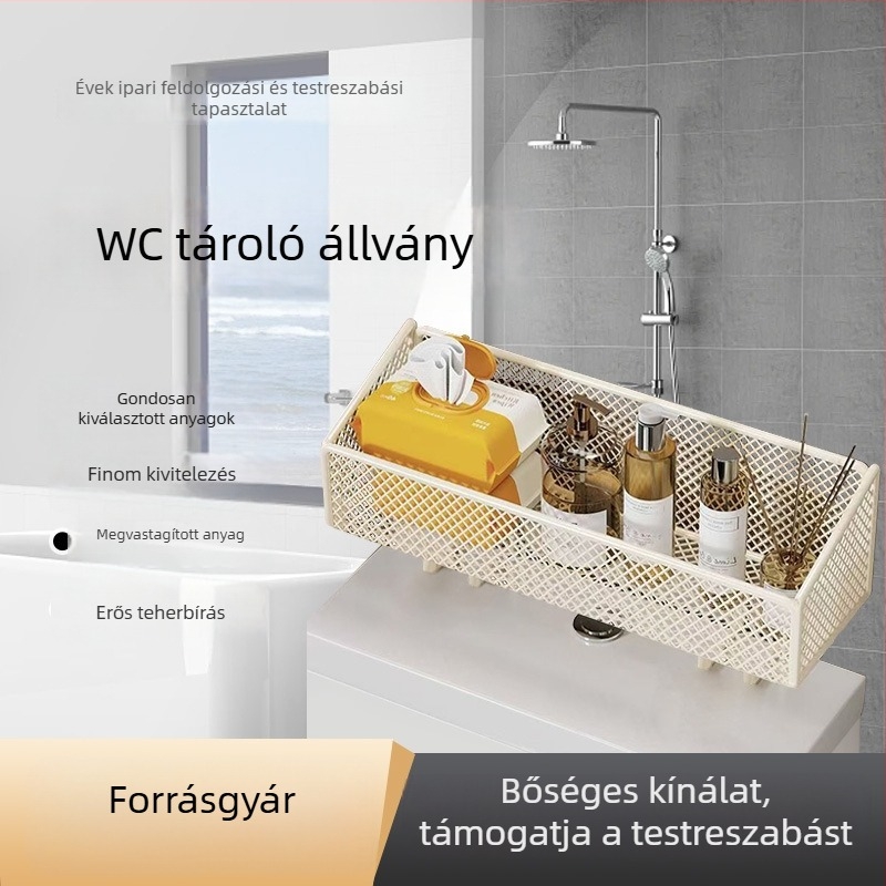 Kétpolcos felül WC fölötti fürdőszobai tárolópolc – vécépapír és tusfürdő rendezővel