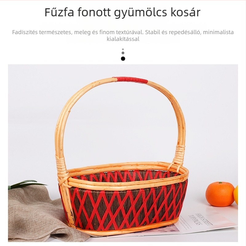 Fűz- és bambusz fonott kosár, piknikre, gyümölcs- és zöldség tárolására, dekoratív és ajándék kosár