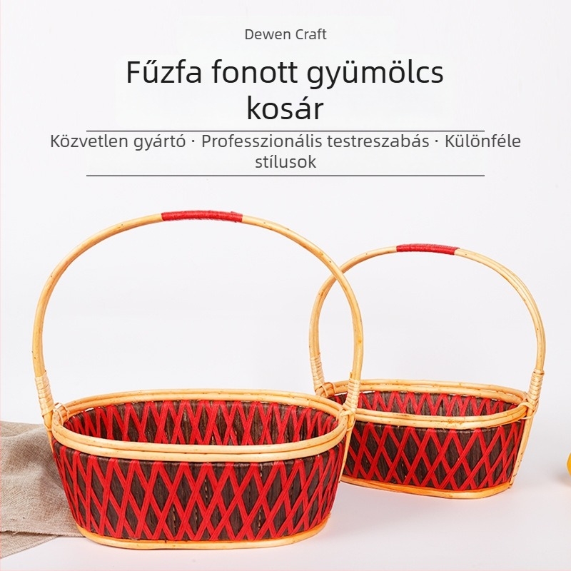 Fűz- és bambusz fonott kosár, piknikre, gyümölcs- és zöldség tárolására, dekoratív és ajándék kosár