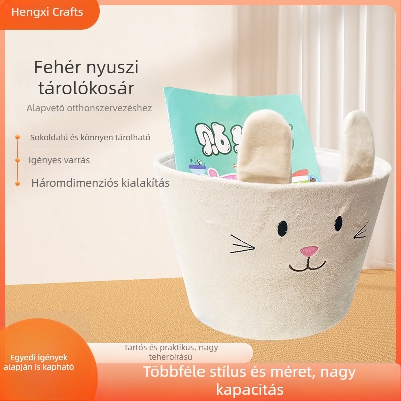 Fehér nyúl alakú tárolókosár, többfunkciós, aranyos 3D dizájn, ruhák, játékok és apró tárgyak tárolására