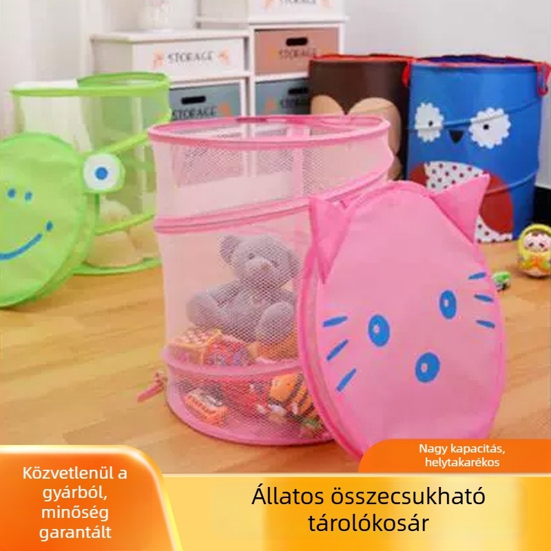 Összecsukható mosókosár fedővel – aranyos állatos dizájn