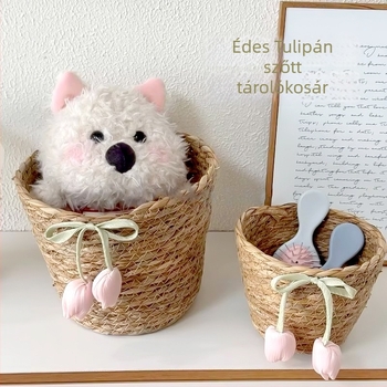 Tulipán formájú szövött tárolókosár – kézműves DIY, íróasztal rendező kis tárgyak számára