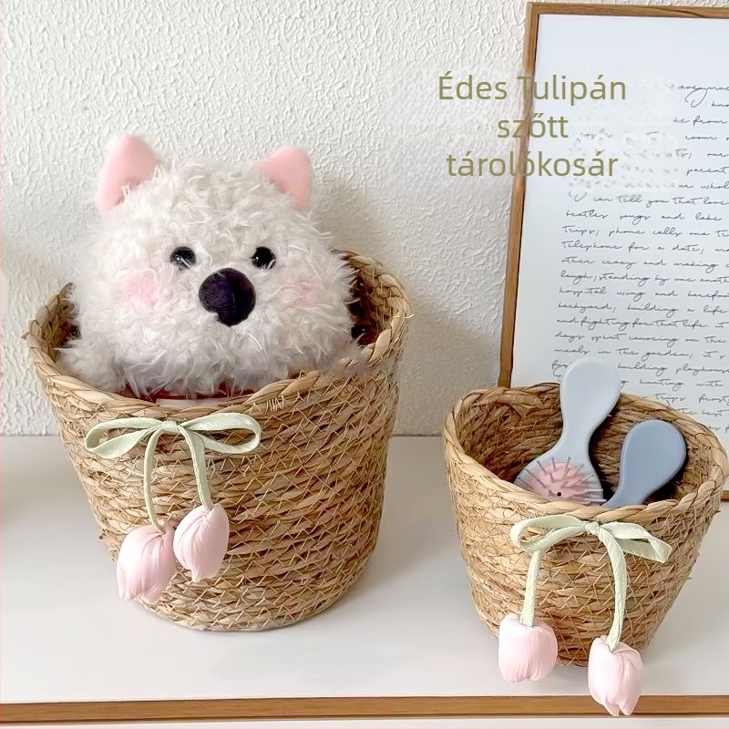 Tulipán formájú szövött tárolókosár – kézműves DIY, íróasztal rendező kis tárgyak számára