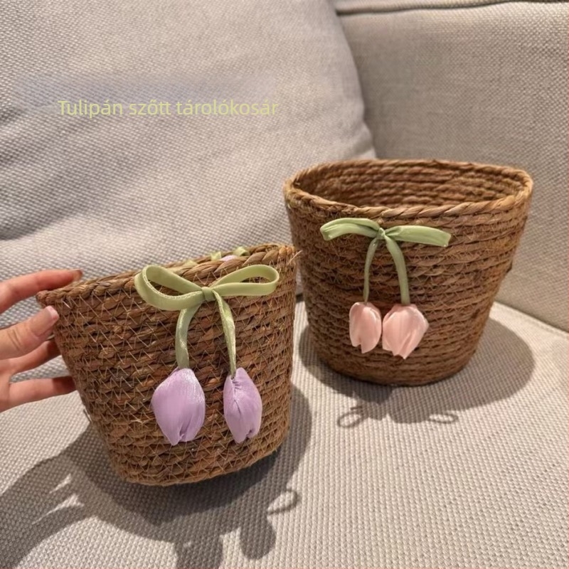 Tulipán formájú szövött tárolókosár – kézműves DIY, íróasztal rendező kis tárgyak számára