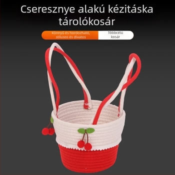 Testreszabható pamut kötélből készült tárolókosár, cseresznyés motívummal, kis esküvői ajándékkosár