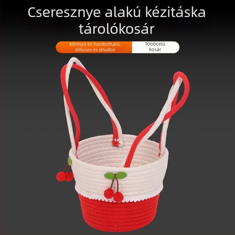 Testreszabható pamut kötélből készült tárolókosár, cseresznyés motívummal, kis esküvői ajándékkosár