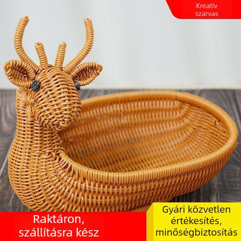 M14 Kreatív szarvasos gyümölcskosár – asztali nassolnivaló tál, gyerekeknek tároló kosár, kézzel szőtt dekoratív kosár