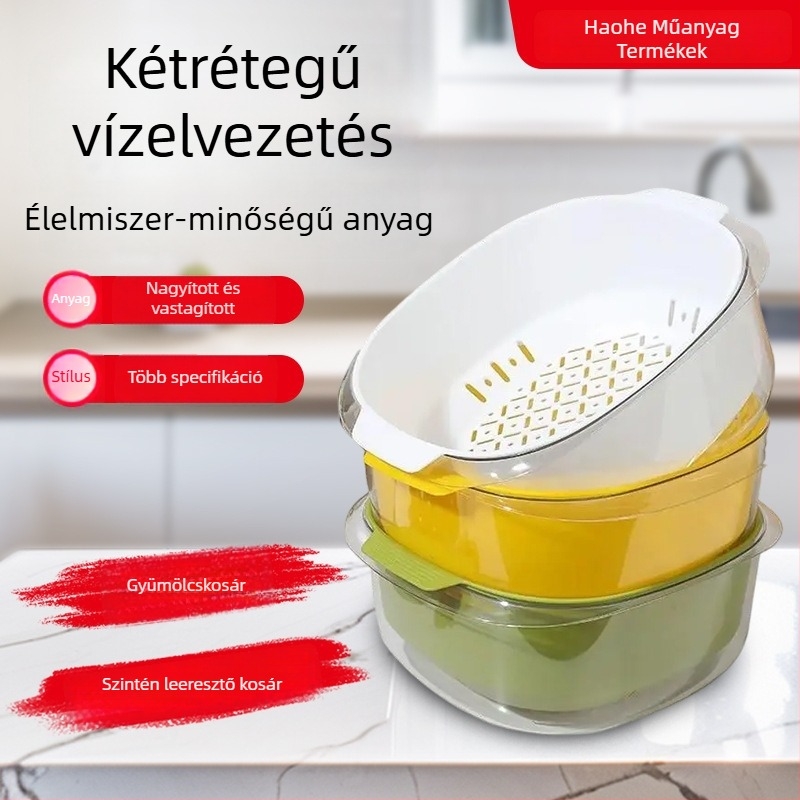 Kék PET dupla rétegű mosóedény zöldségek és gyümölcsök mosására, vízelvezetéssel, otthoni konyhába és nappaliba
