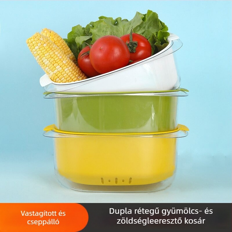 Kék PET dupla rétegű mosóedény zöldségek és gyümölcsök mosására, vízelvezetéssel, otthoni konyhába és nappaliba
